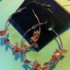 Large Rose-Gold Tone Hoop Earrings with zirconia roses and gold leaf charms. New